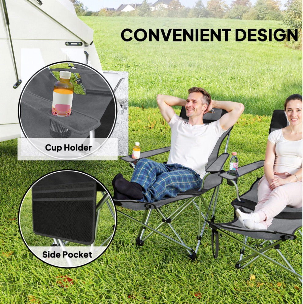 Set of 2 Reclining Camping Chairs, Grey and Black