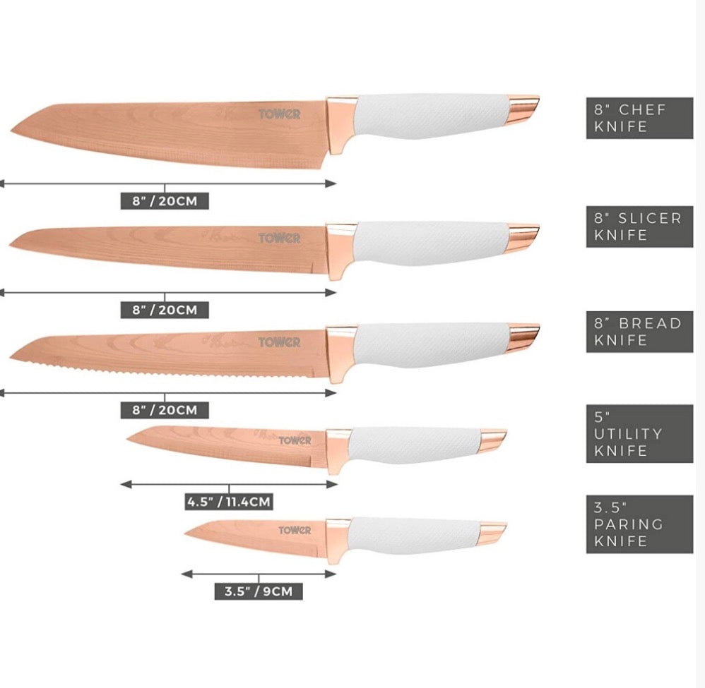 5pc Tower Kitchen Knife Set With Knife Block Rose Gold