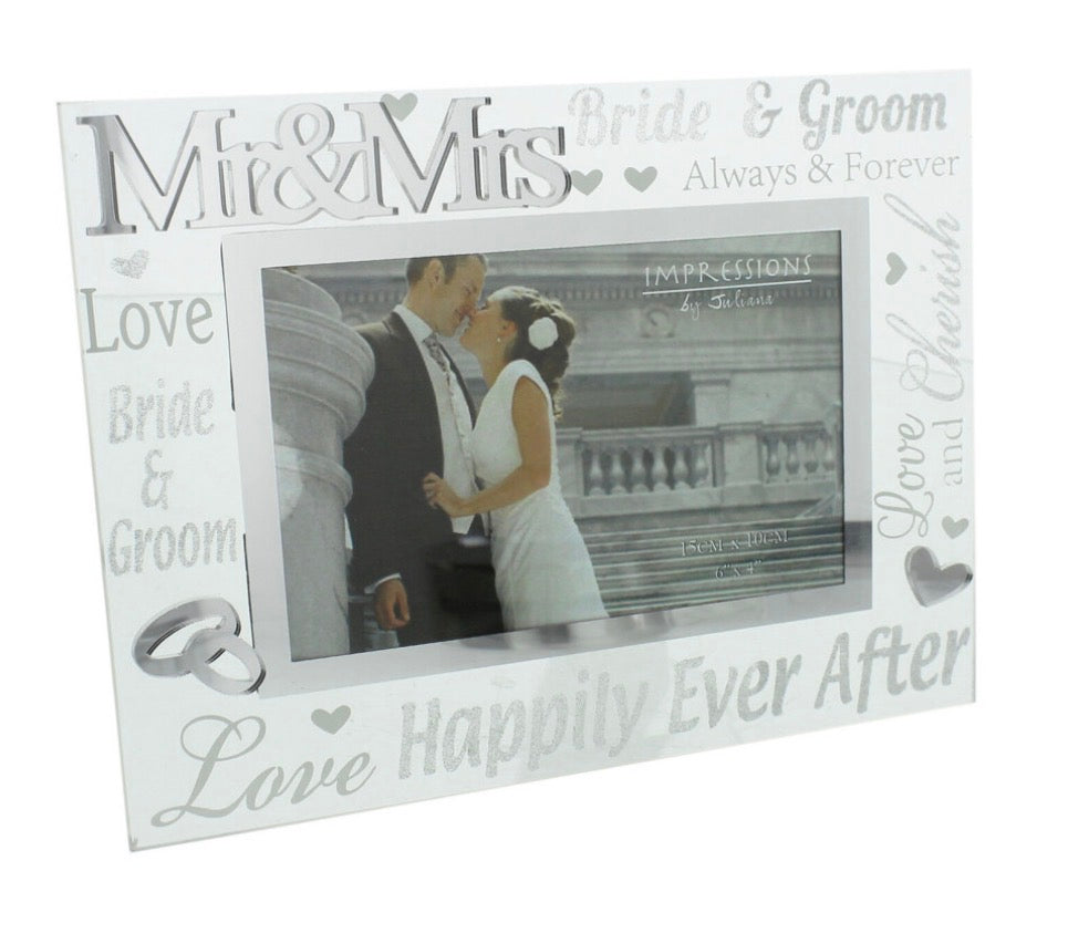 Mr & Mrs Glass 6 x 4 Photo Frame with Mirror & Glitter Letters