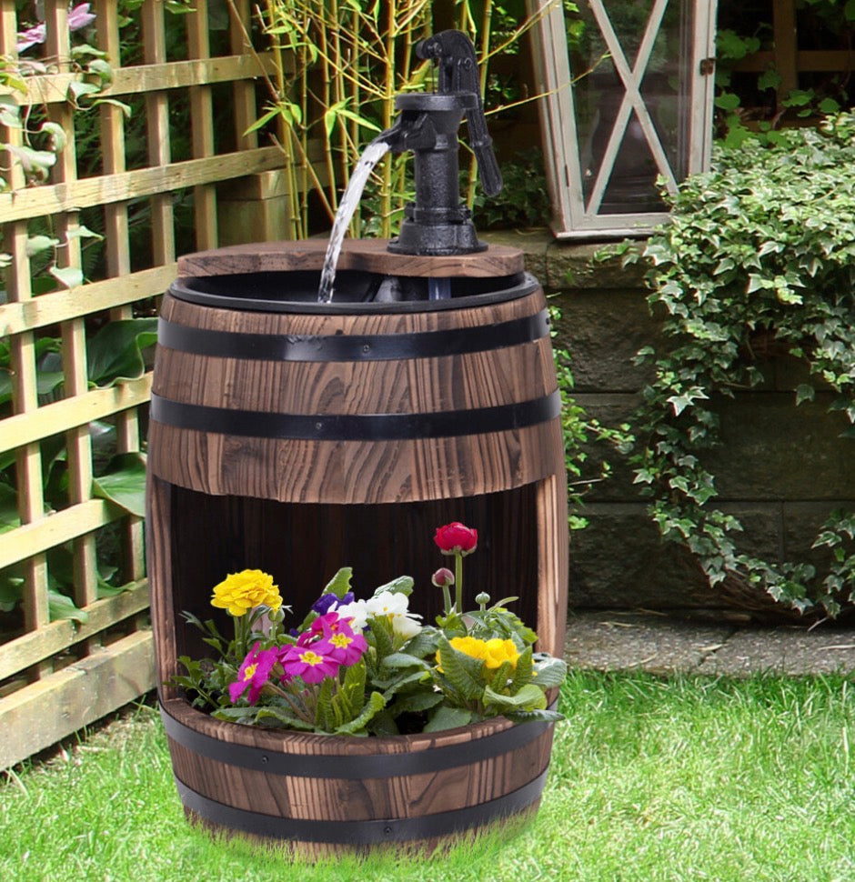 Wood Barrel Water Feature and Planter
