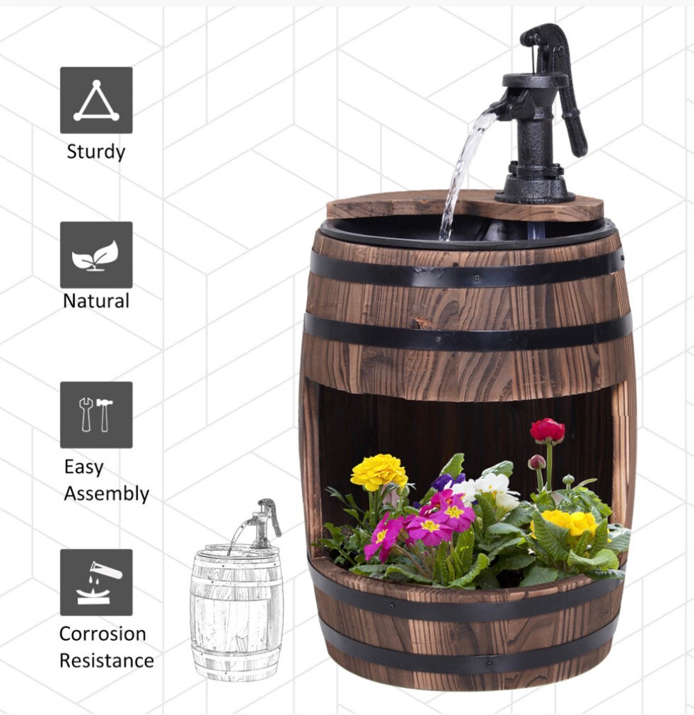 Wood Barrel Water Feature and Planter